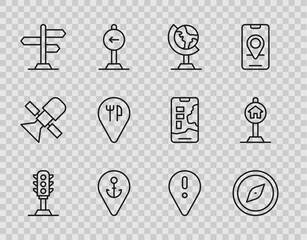 Poster - Set line Traffic light, Compass, Earth globe, Location with anchor, Road traffic sign, Cafe and restaurant location, exclamation mark and Hotel for icon. Vector