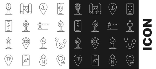 Poster - Set line Location, Route location, Fork in the road, with anchor, cross hospital, Compass mobile, Traffic light and Parking car barrier icon. Vector