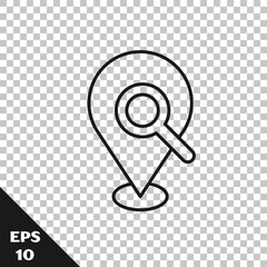 Fototapete - Black line Search location icon isolated on transparent background. Magnifying glass with pointer sign. Vector