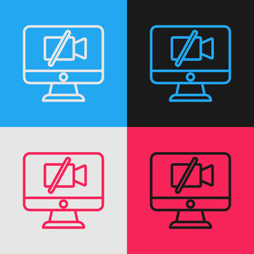 Pop art line Video camera Off on computer icon isolated on color background. No video. Vector
