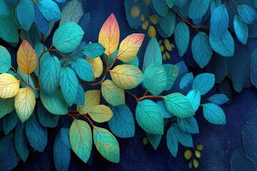 Poster - Vivid colorful leaves against a textured dark backdrop in artistic composition