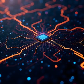 Abstract futuristic background with red, blue glowing lines on black background. Neon light technology concept. Futuristic digital data flow. Computer circuit board with chips,