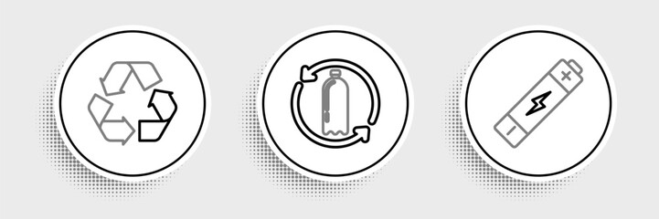 Poster - Set line Battery, Recycle symbol and Recycling plastic bottle icon. Vector