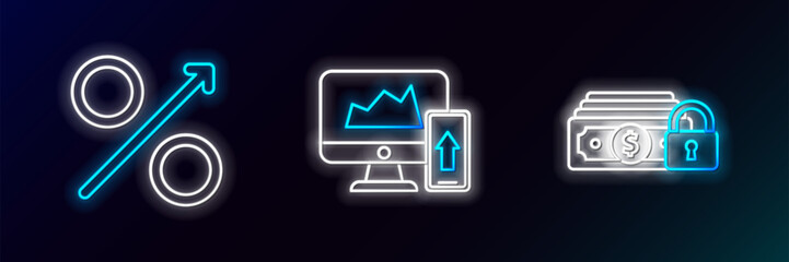 Poster - set line money with lock, percent up arrow and financial chart or graph the computer monitor and mob