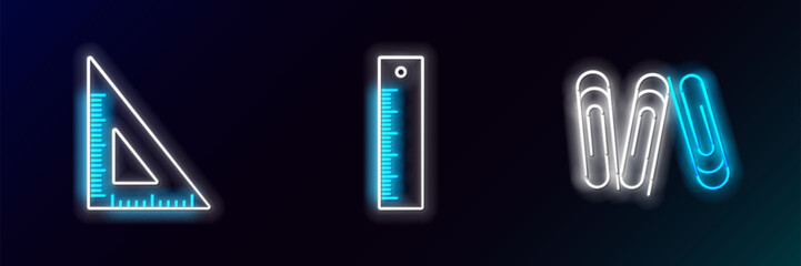 Fototapete - Set line Paper clip, Triangular ruler and Ruler icon. Glowing neon. Vector