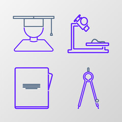 Poster - Set line Drawing compass, Notebook, Microscope and Graduate and graduation cap icon. Vector