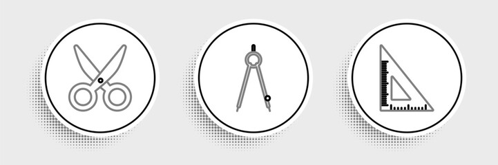 Poster - Set line Triangular ruler, Scissors and Drawing compass icon. Vector