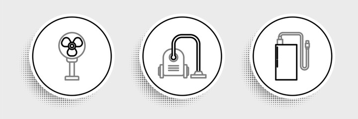 Poster - Set line Power bank with different charge cable, Electric fan and Vacuum cleaner icon. Vector
