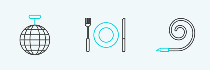 Poster - Set line Birthday party horn, Disco ball and Plate, fork and knife icon. Vector