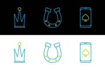 Poster - Set line Online poker table game, Crown and Horseshoe icon. Vector
