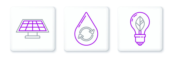 Poster - Set line Light bulb with leaf, Solar energy panel and Recycle clean aqua icon. Vector
