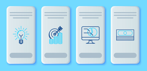 Aufkleber - Set line Target with coin symbol, Computer monitor graph chart, Light bulb rays shine and concept of idea and Stacks paper money cash icon. Vector