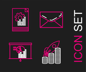 Fototapete - Set line Rocket flying up on coins growth chart, Board with graph, Envelope and Document icon. Vector