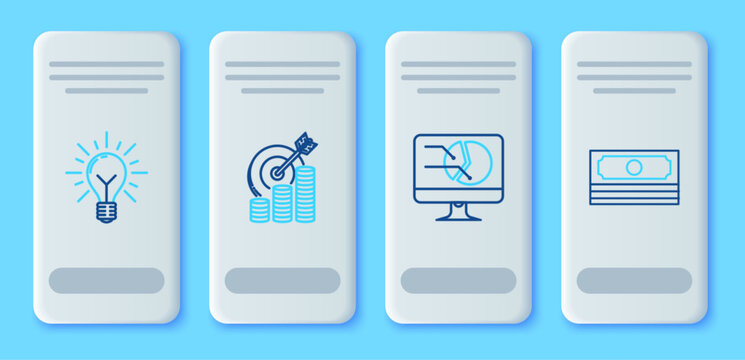 Set line Target with coin symbol, Computer monitor graph chart, Light bulb rays shine and concept of idea and Stacks paper money cash icon. Vector