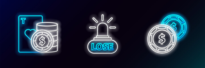 Poster - Set line Casino chip with dollar, and playing cards and losing icon. Glowing neon. Vector