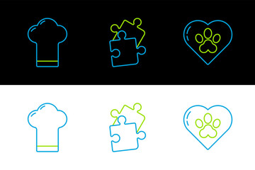 Poster - Set line Heart with animals footprint, Chef hat and Piece of puzzle icon. Vector