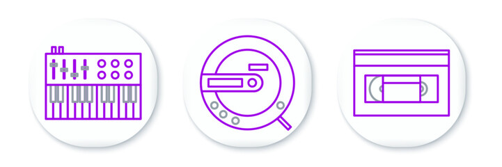 Poster - Set line VHS video cassette tape, Music synthesizer and CD player icon. Vector