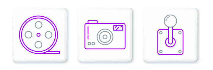 Poster - Set line Joystick for arcade machine, Film reel and Photo camera icon. Vector