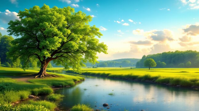 A serene landscape featuring a large tree beside a tranquil river flowing through a lush green field under a bright sky