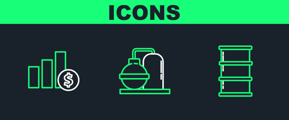 Aufkleber - Set line Barrel oil, Pie chart infographic and dollar and Oil gas industrial factory building icon. Vector