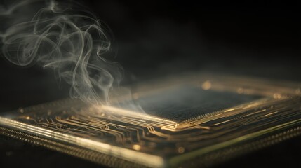 Poster - Smoke rises from a biodegradable computer chip, showcasing the innovative design and potential of sustainable technology in electronic components
