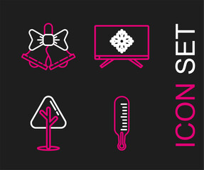Poster - Set line Meteorology thermometer measuring, Christmas tree, Merry on television and ringing bell icon. Vector