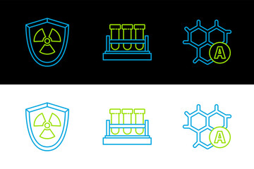 Poster - Set line Chemical formula, Radioactive in shield and Test tube and flask chemical icon. Vector