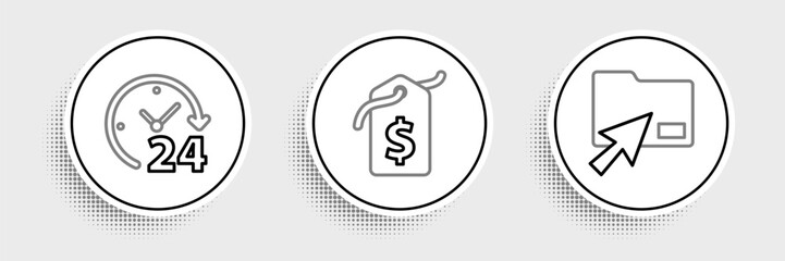 Fototapete - Set line Cursor click document folder, Clock 24 hours and Price tag with dollar icon. Vector