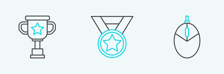 Poster - Set line Computer mouse gaming, Award cup and Medal icon. Vector