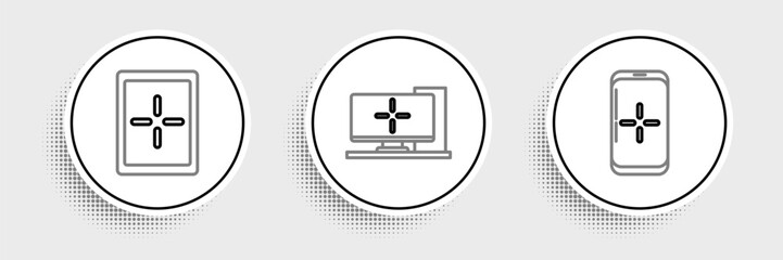 Poster - Set line Smartphone and playing in game, Tablet and Computer monitor icon. Vector