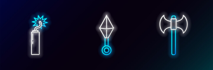 Poster - Set line Medieval axe, Dynamite bomb stick clock and Japanese ninja shuriken icon. Glowing neon. Vector