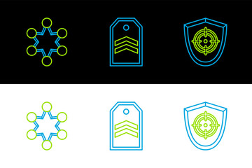 Poster - Set line Target sport, Police badge and Chevron icon. Vector