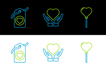 Poster - Set line Balloons in form of heart, Heart tag and hand icon. Vector