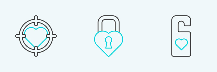 Poster - Set line Please do not disturb with heart, Heart in the center of darts target aim and Castle shape icon. Vector