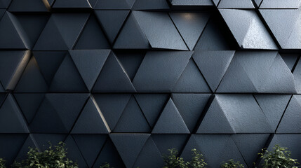 Poster - Dark triangle wall with textured surfaces accentuated by plants at the base