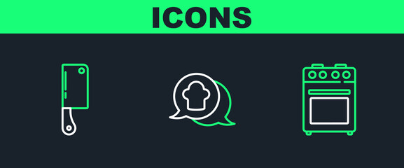 Poster - Set line Oven, Meat chopper and Chef hat in speech bubble icon. Vector