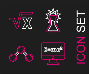 Poster - Set line Equation solution, Molecule, Test tube and flask and Square root of x glyph icon. Vector