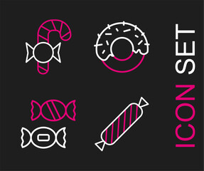 Poster - Set line Candy, Donut and Christmas candy cane icon. Vector