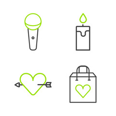 Poster - Set line Shopping bag with heart, Amour and arrow, Burning candle and Microphone icon. Vector