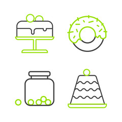 Poster - Set line Cake, Glass jar with candies inside, Donut and plate icon. Vector