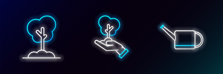 Poster - Set line Watering can, Tree the ground and hand of environmental protection icon. Glowing neon. Vector