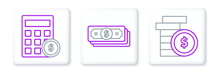 Aufkleber - Set line Coin money with dollar symbol, Calculator and Stacks paper cash icon. Vector