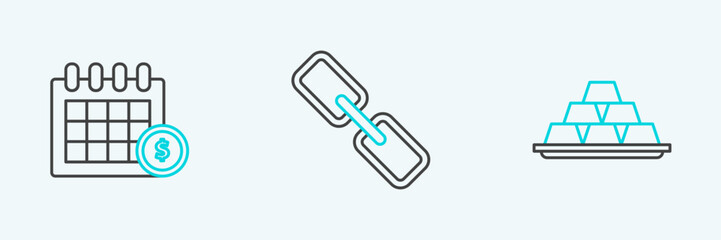 Poster - Set line Gold bars, Financial calendar and Chain link icon. Vector