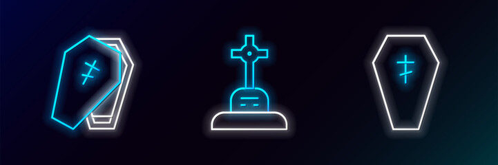 Poster - Set line Coffin with cross, and Grave icon. Glowing neon. Vector