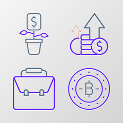 Poster - Set line Bitcoin, Briefcase, Financial growth and and Dollar plant icon. Vector