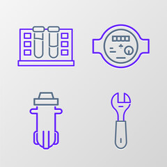Poster - Set line Wrench spanner, Water filter, meter and Test tube with water drop icon. Vector
