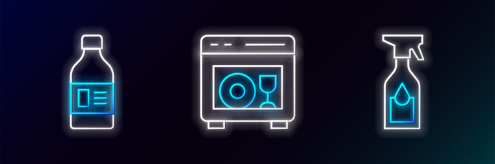Poster - Set line Cleaning spray bottle, Bottle for cleaning agent and Dishwasher machine icon. Glowing neon. Vector