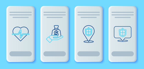 Poster - Set line Money in hand, Location shield, Life insurance and icon. Vector