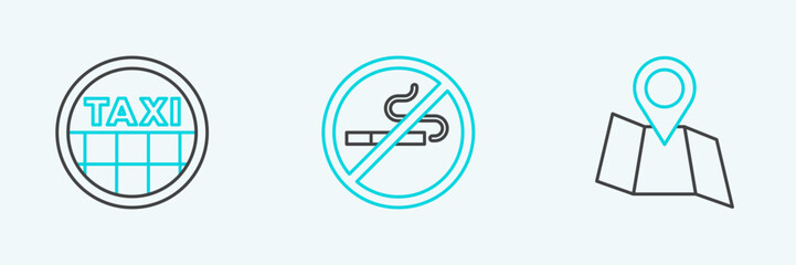 Poster - Set line Folded map with location, Taxi car roof and No Smoking icon. Vector