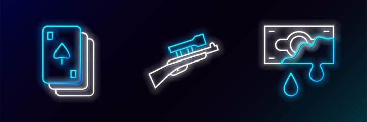 Poster - Set line Bloody money, Playing cards and Sniper rifle with scope icon. Glowing neon. Vector